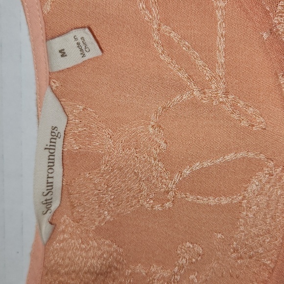 Soft Surroundings Peach Cecile Asymmetrical Floral Embroidered 3/4 Sleeve Tunic - Picture 12 of 13
